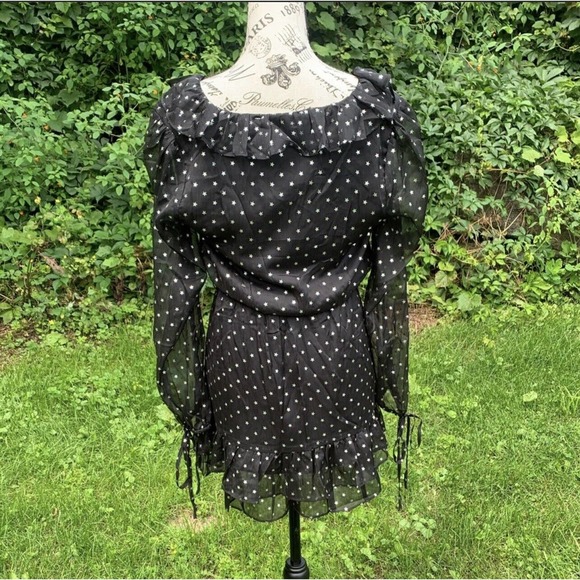 NWT Black and silver star V-neck ruffle with belt tie sheer sleeves mini dress - Picture 7 of 12